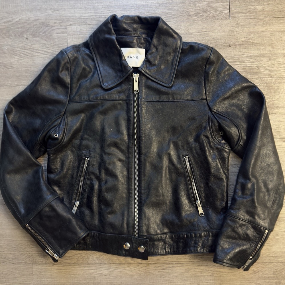 FRAME Zip Up 100% Soft Lamb Leather Jacket Black Womens Small Zip Pockets & Cuff